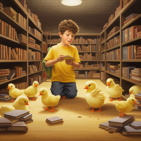 en pojke med flera kycklingar och böcker
