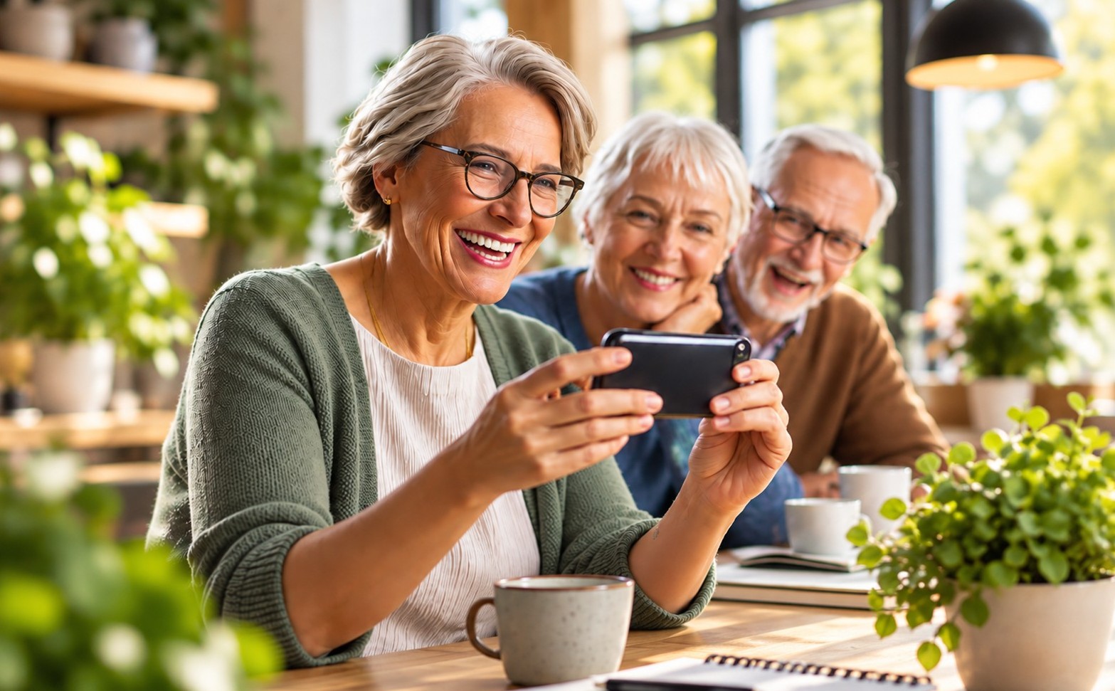 ai-genererad bild på äldre personer som fotar med en mobil