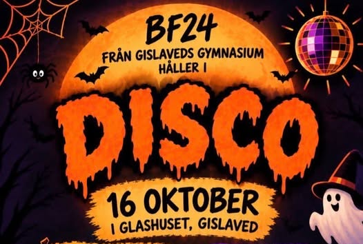 Illustration med texten Halloweendisco. Halloween-tema med spindelväv, fladdermöss och ett spöke.