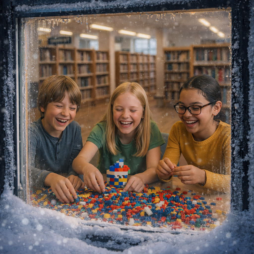 Tre leende barn som bygger med Lego framför ett fönster med snö. En bokhylla syns i bakgrunden.