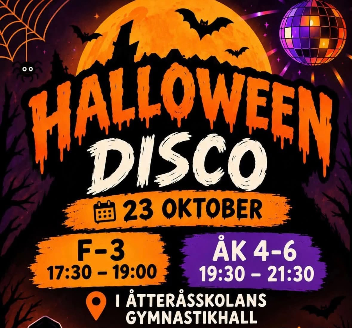 En affisch med spindelnät och en discokula.