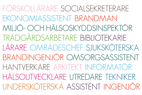 Färgglatt ordmoln med olika slags yrken inom kommunal verksamhet