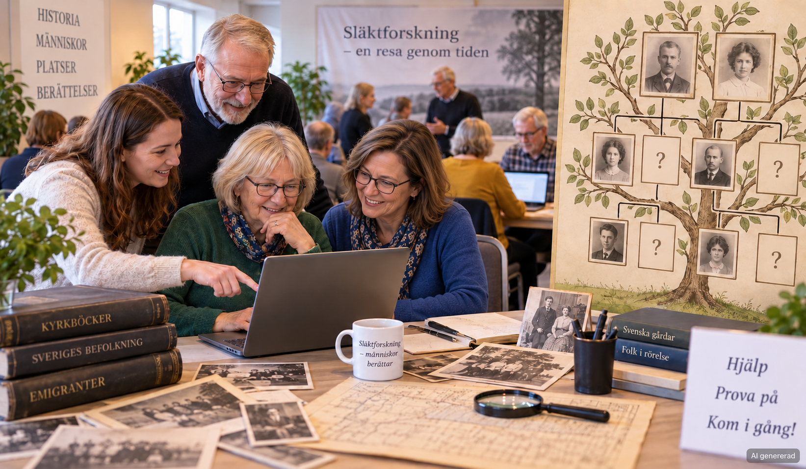 Ai-genererad bild på människor som släktforskar