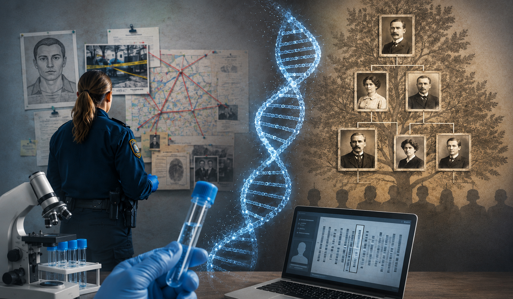 Ai-genererad bild på polis och dna-sekvens