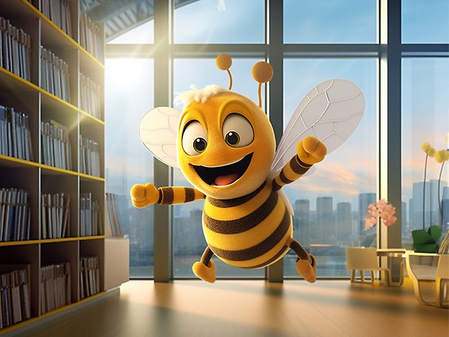 ai-bild på ett glatt bi i ett bibliotek