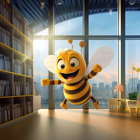 ett illustrerat bi som flyger i biblioteket