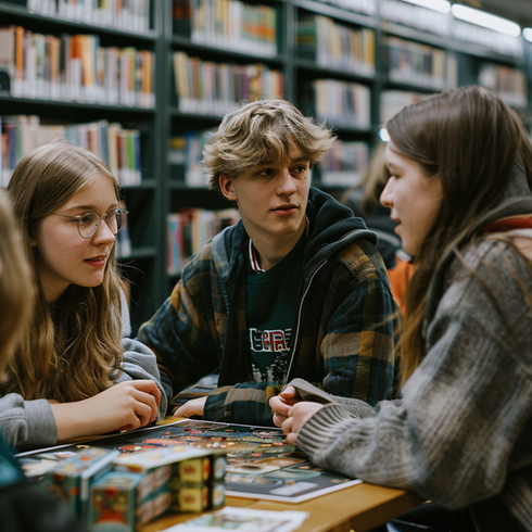 tre ungdomar spelar rollspel på ett bibliotek