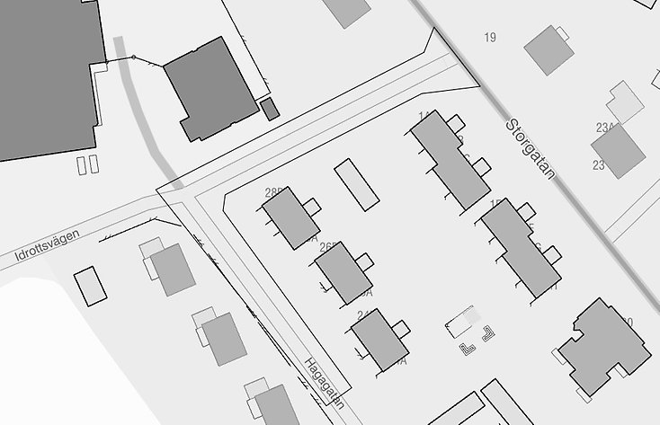 Karta över Idrottsvägen och fastigheterna som ansluter dit. 