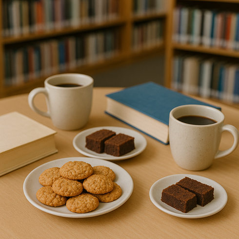 kakor och kaffe på ett bord med böcker