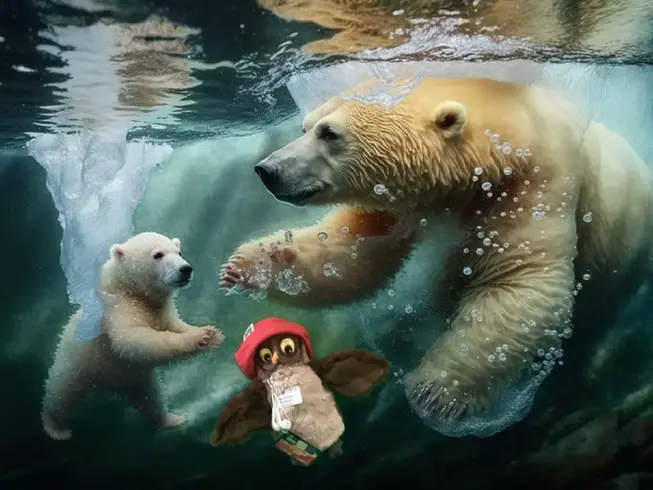 AI-genererad bild på två isbjörnar som simmar och ugglan Berra simmar med dem.
