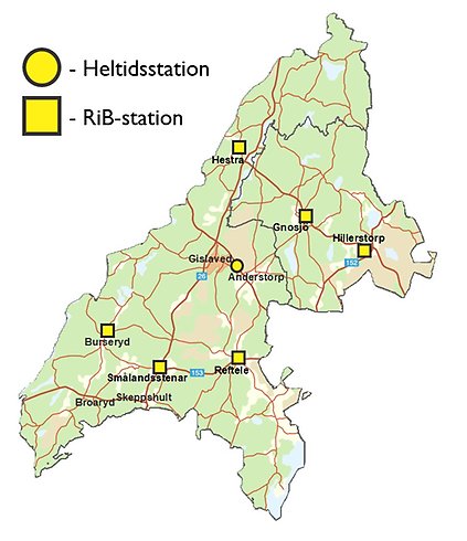 Kartbild av Gislaved och Gnosjö kommun med brandstationerna utplacerade i respektive ort. Gislaved, Hestra, Gnosjö, Hillerstorp, Burseryd, Smålandsstenar och Reftele.