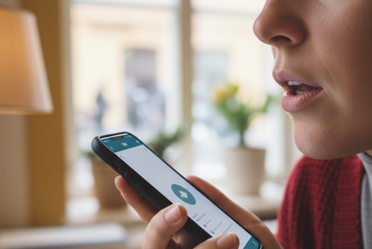 närbild på en kvinnlig mun som håller i en mobiltelefon och pratar till den.