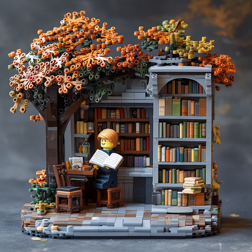 en legogubber som sitter under ett legoträd och läser en bok