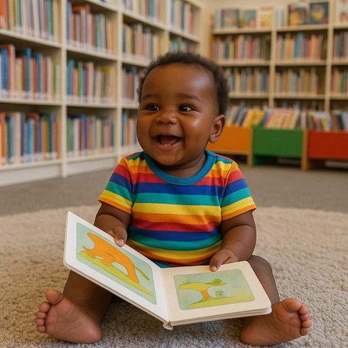 ai-bild: ett barn som läser en bilderbok i ett bibliotek