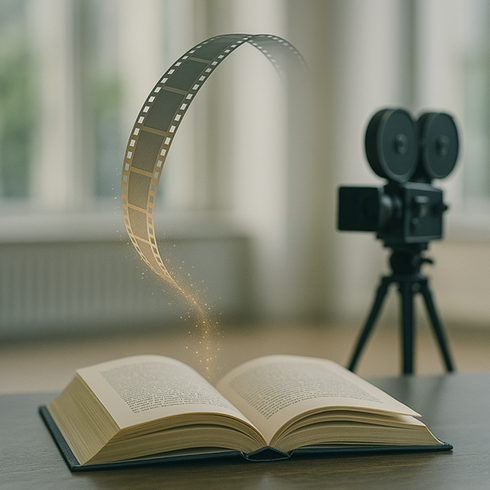 ai-bild: en gammal filmkamera och en uppslagen bok där en filmrulle snurras ut.