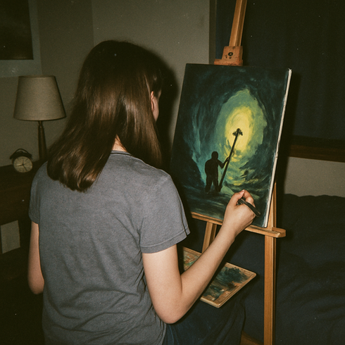 en ungdom som målar en bild på ett staffli