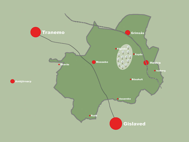 Bild på karta över Hestra samt områden i Tranemo kommun som omfattas av fonden.