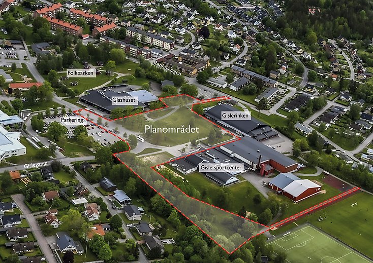 Flygbild över Gisleområdet. 