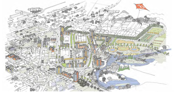 Illustration som föreställer hur Gislaveds centrum kan komma att se ut år 2040.  