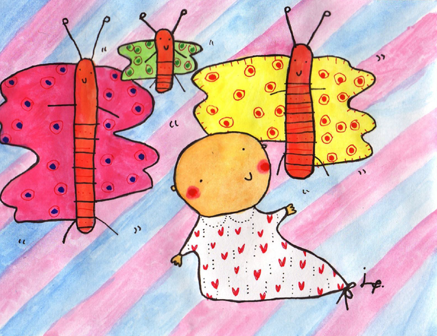 en tecknad bild av en bebis och fjärilar