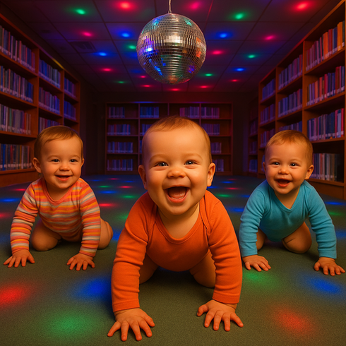 tre bebisar som kryper under en discokula