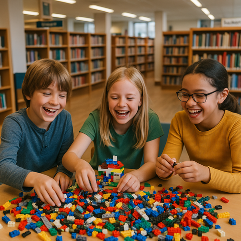 barn som leker med lego i ett bibliotek