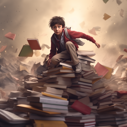 en ai-bild på ett barn som sitter på en bokhög