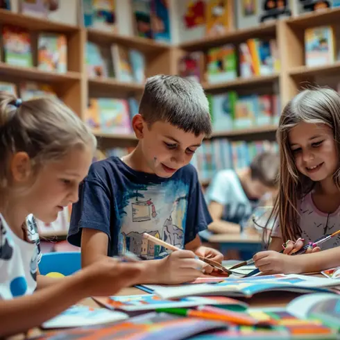tre barn som målar vid ett skrivbord i ett bibliotek