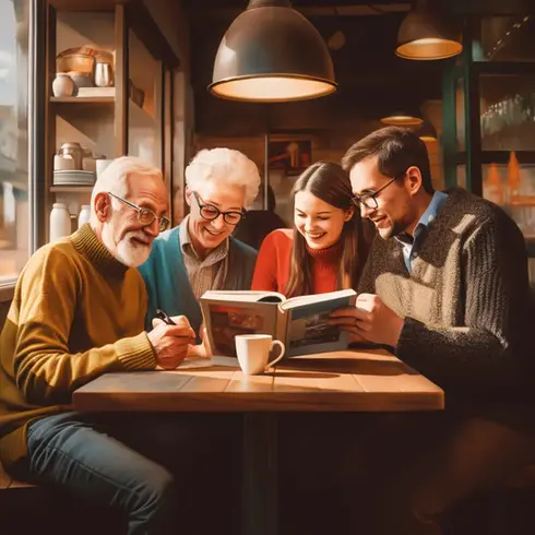 fyra personer i olika åldrar läser en bok och skrattar