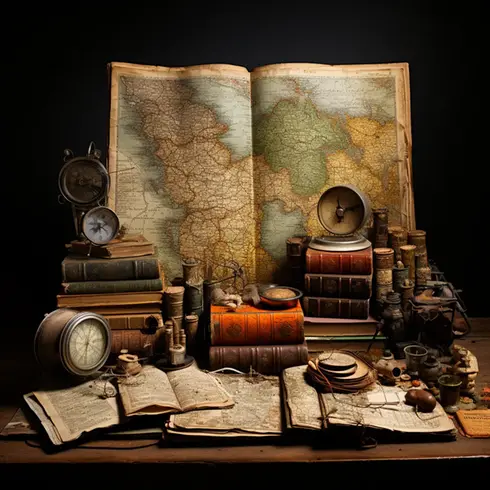 illustration på gamla kartor och kikare