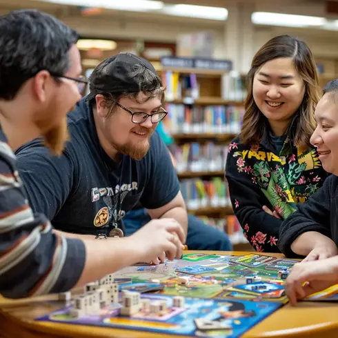 fyra personer spelar ett brädspel på biblioteket