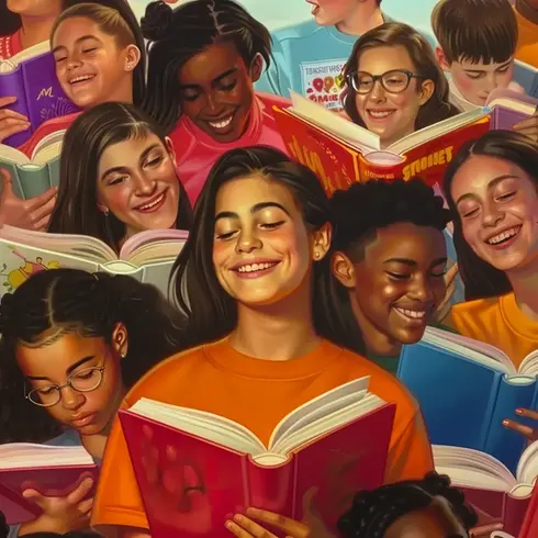 ett gäng glada ungdomar som läser