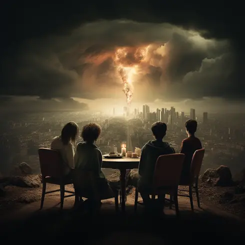 barn som sitter vid ett bord och tittar på en orkan