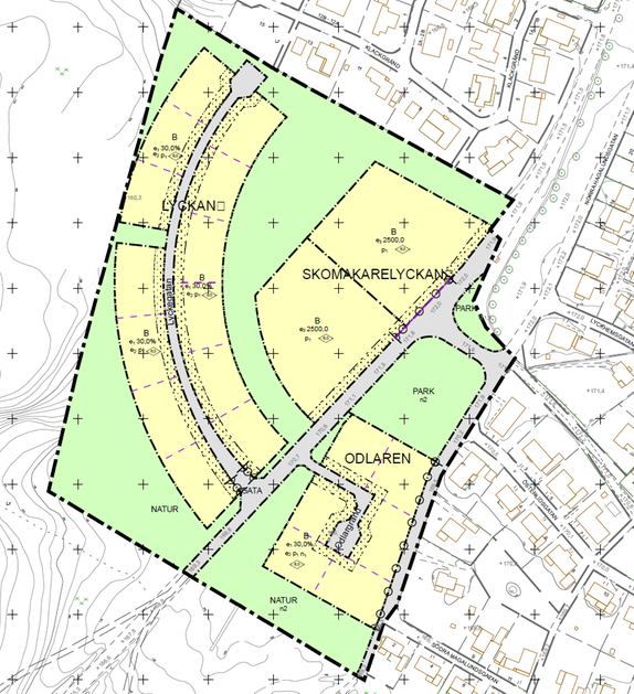 Bild 1. Plankarta med fastighetsindelning över
Skomakargärdet etapp 2