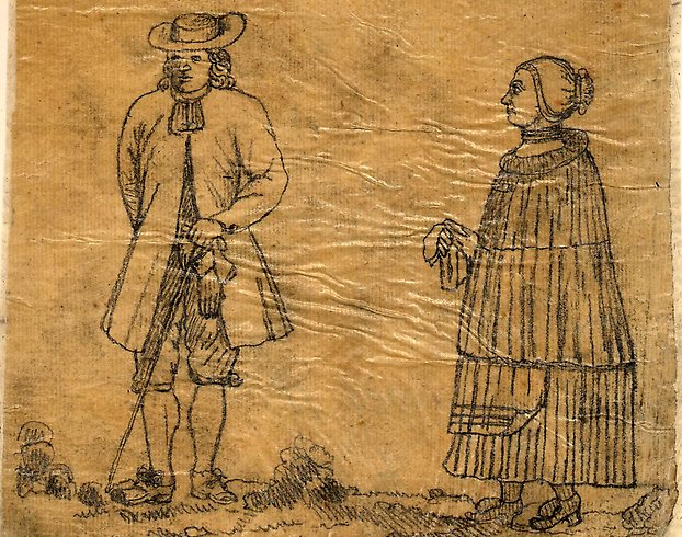 en gulnad målning av en man och kvinna i brudkläder från förr.