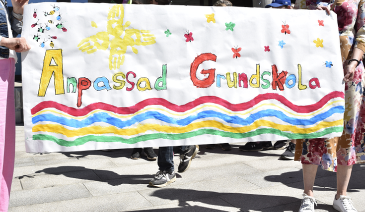 Ett målat plakat med texten "Anpassad grundskola" i olika färger.